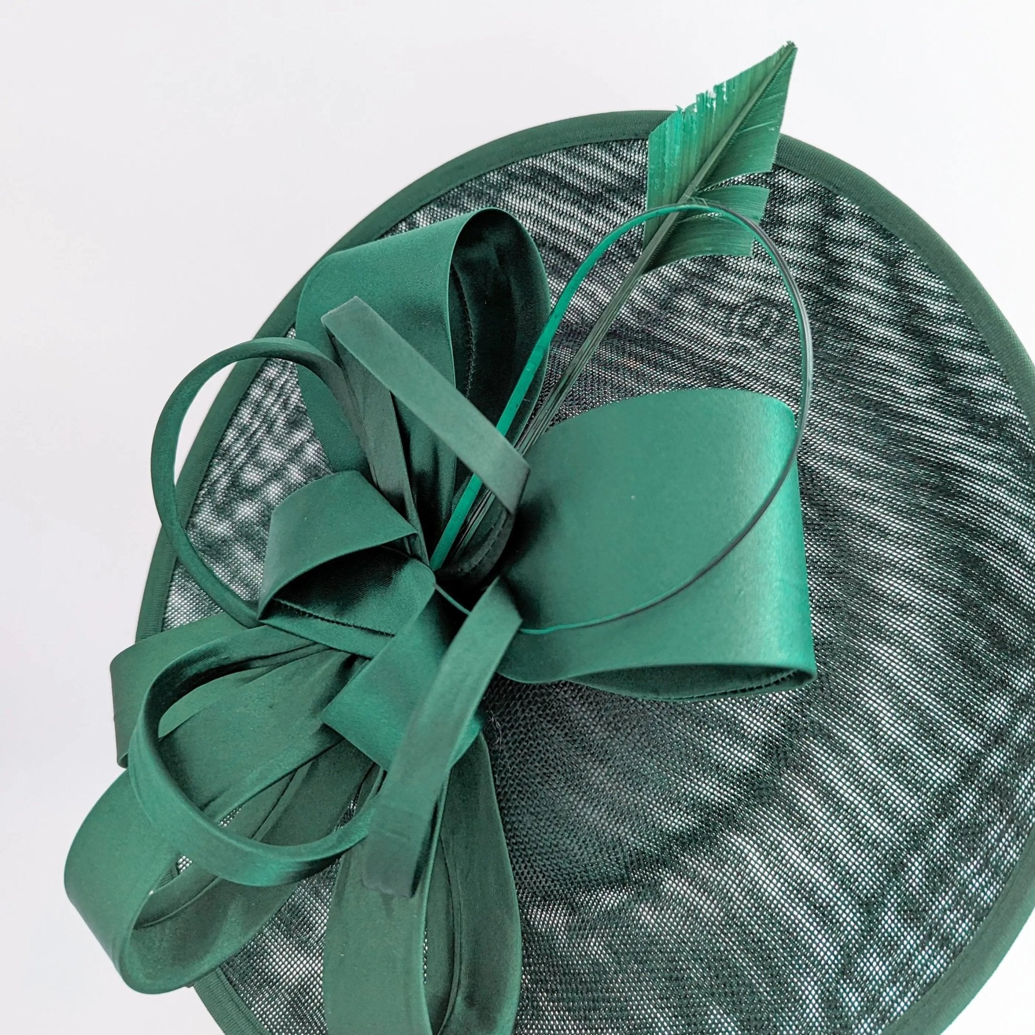 Dark emerald green feather large saucer disc fascinator hat - House of Hats