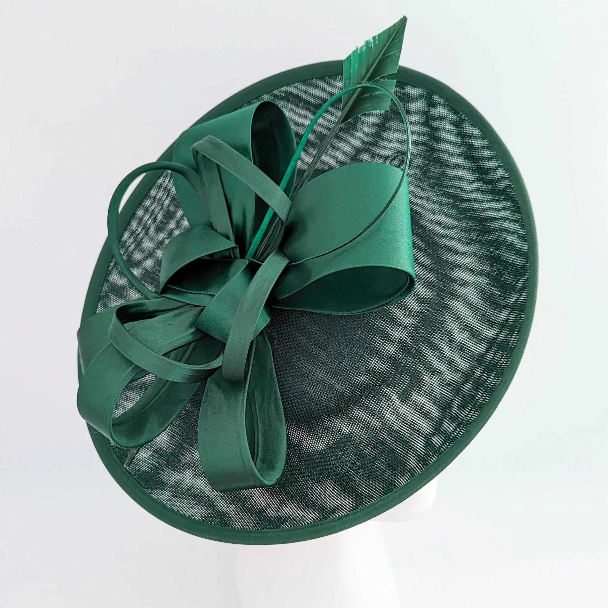 Dark emerald green feather large saucer disc fascinator hat - House of Hats