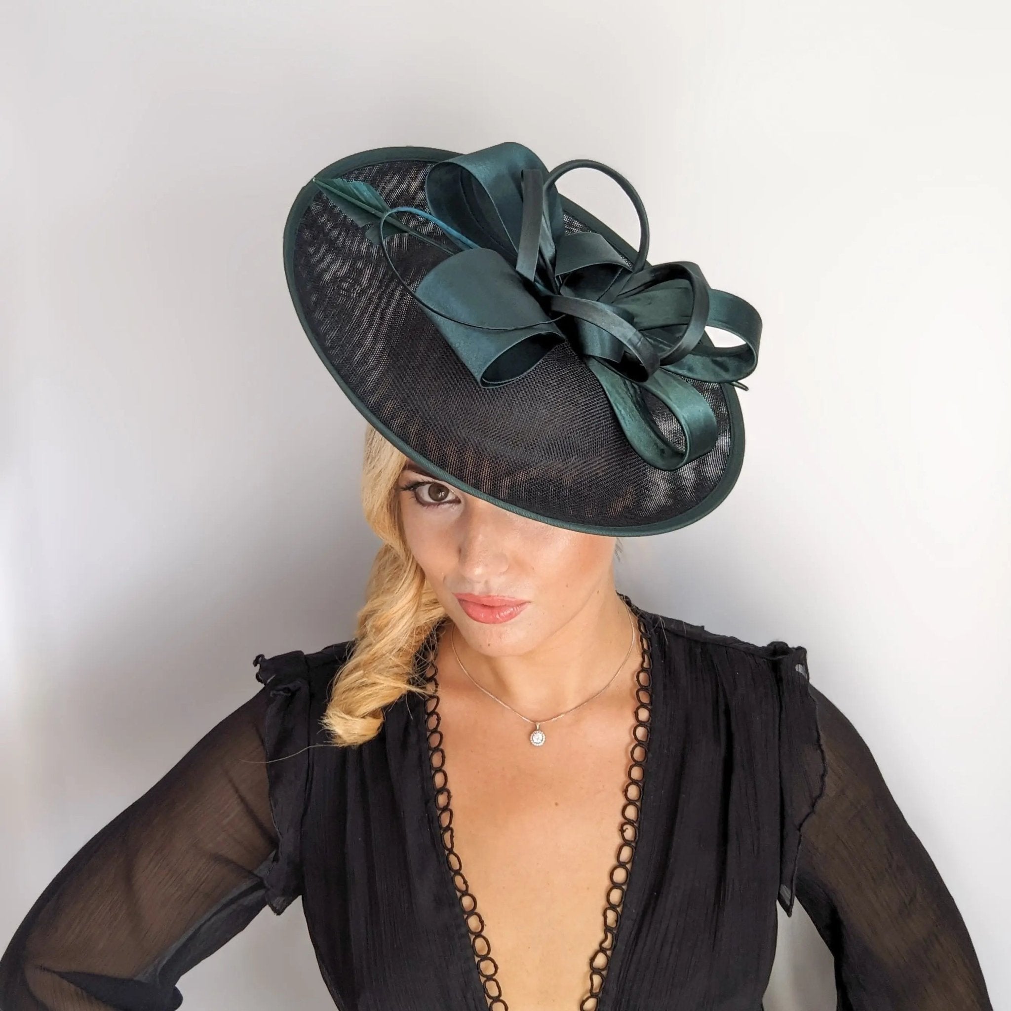 Dark emerald green feather large saucer disc fascinator hat - House of Hats