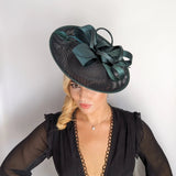 Dark emerald green feather large saucer disc fascinator hat - House of Hats