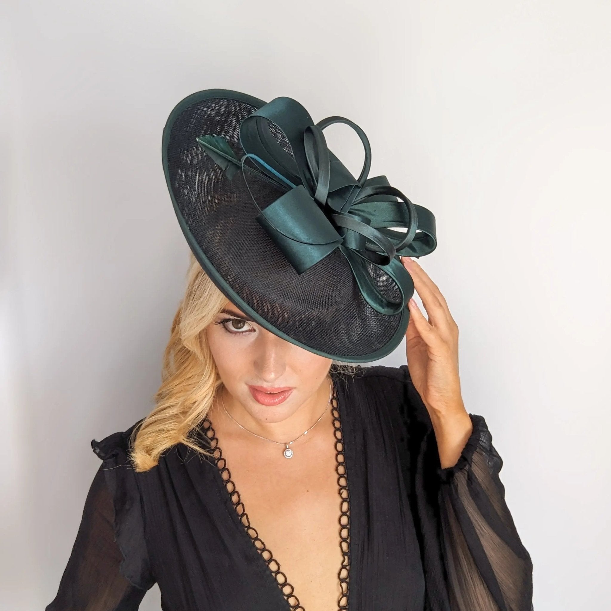 Dark emerald green feather large saucer disc fascinator hat - House of Hats