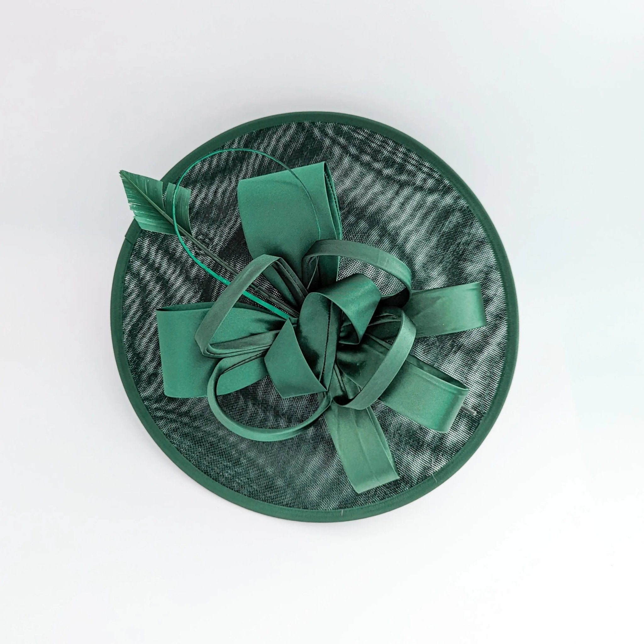 Dark emerald green feather large saucer disc fascinator hat - House of Hats
