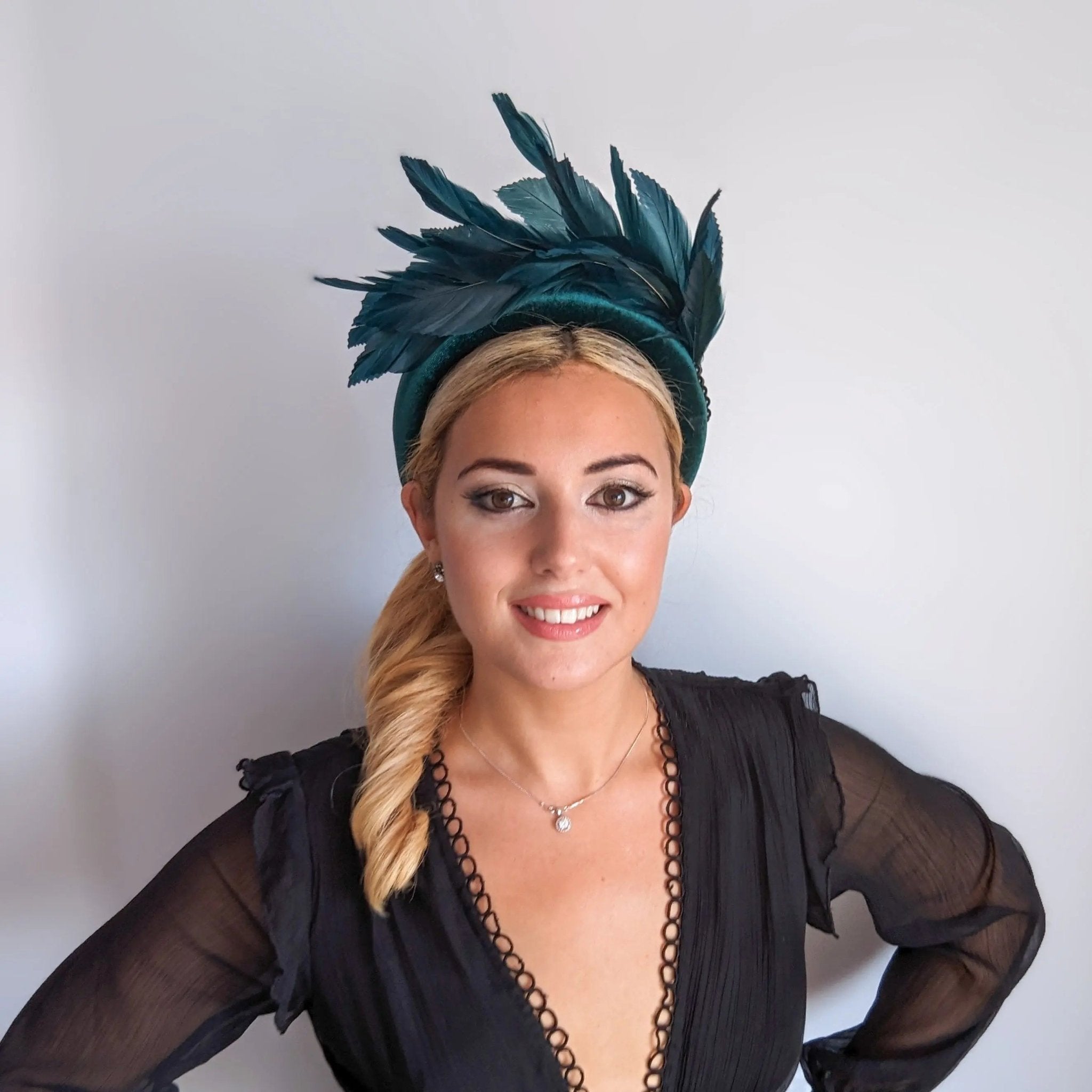 Dark emerald green feather padded velvet headband fascinator - House of Hats
