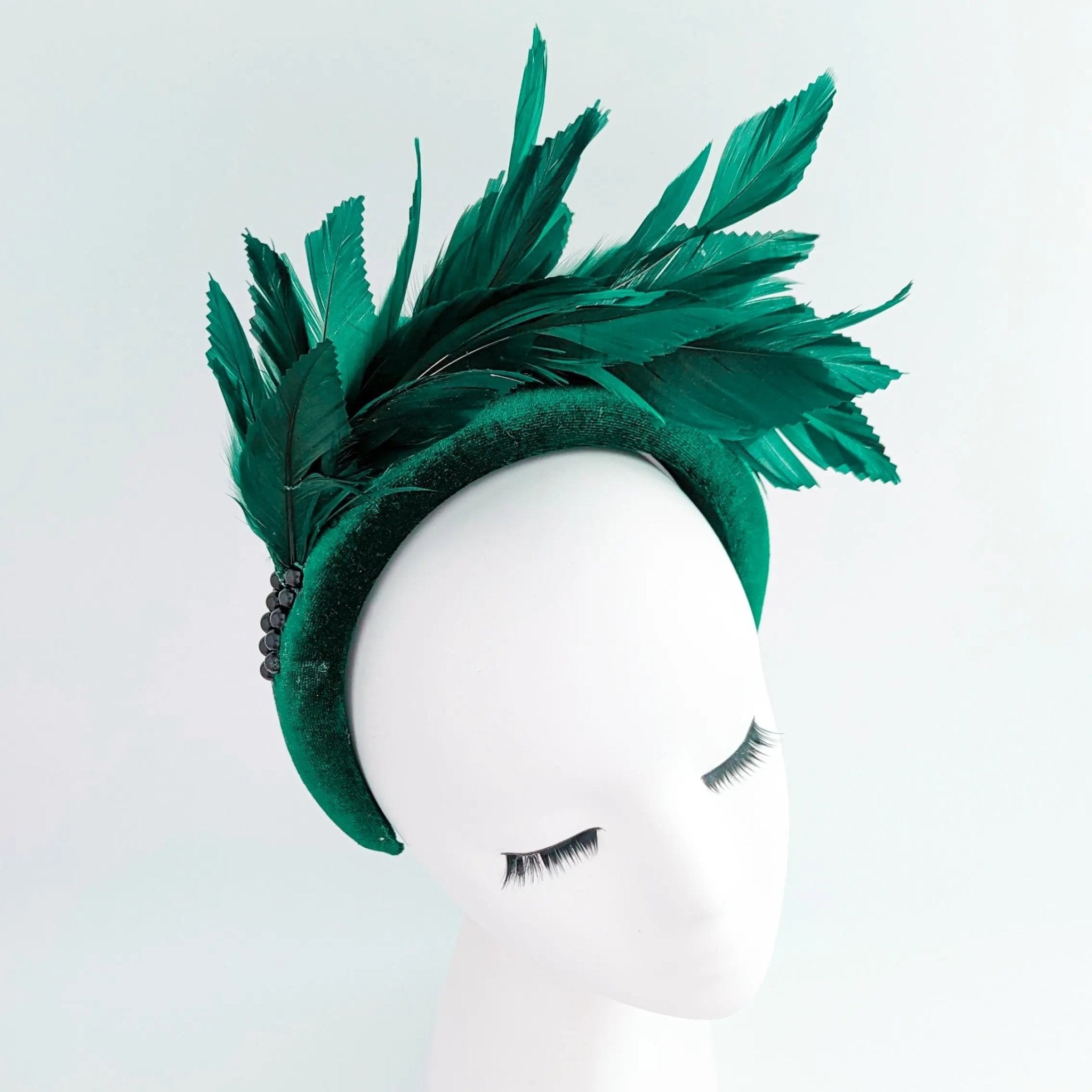 Dark emerald green feather padded velvet headband fascinator - House of Hats