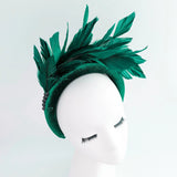 Dark emerald green feather padded velvet headband fascinator - House of Hats
