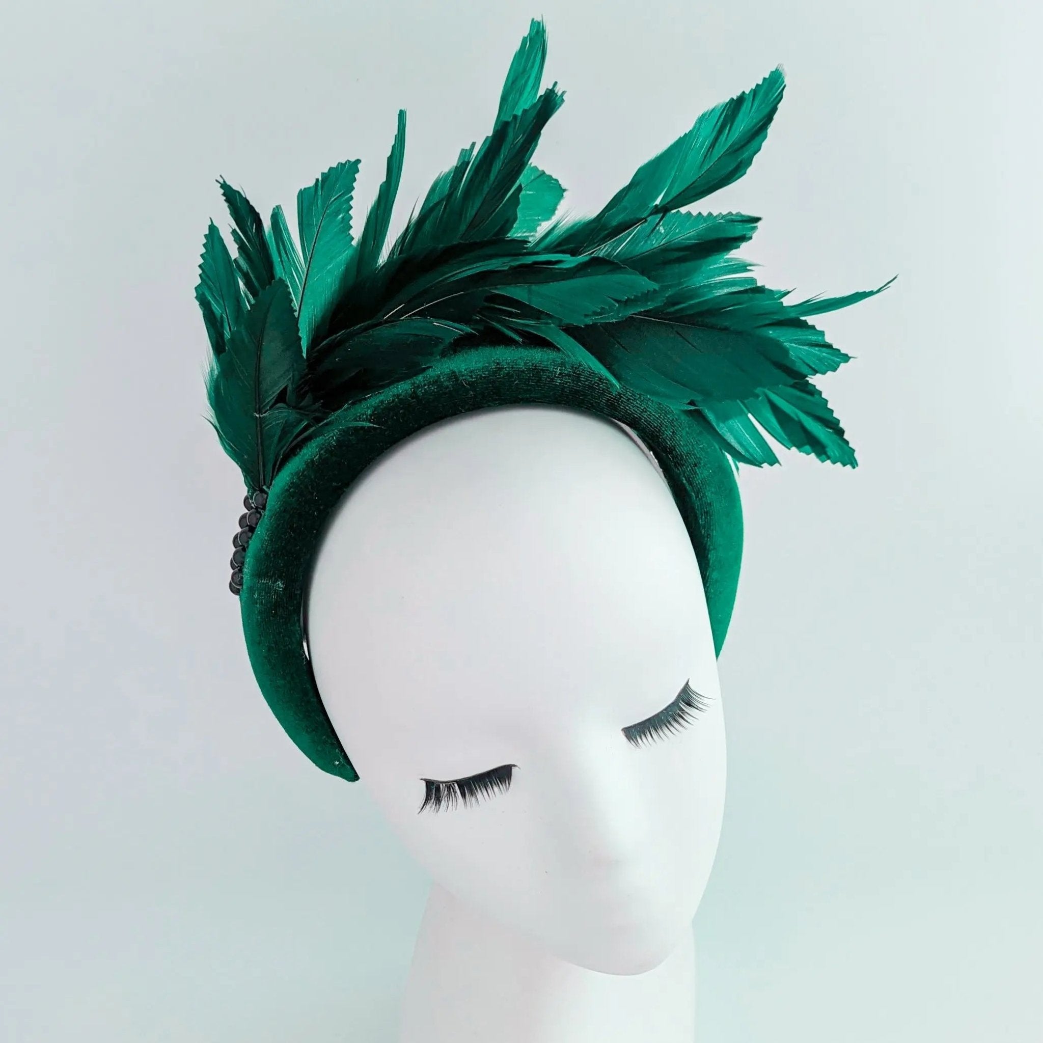 Dark emerald green feather padded velvet headband fascinator - House of Hats