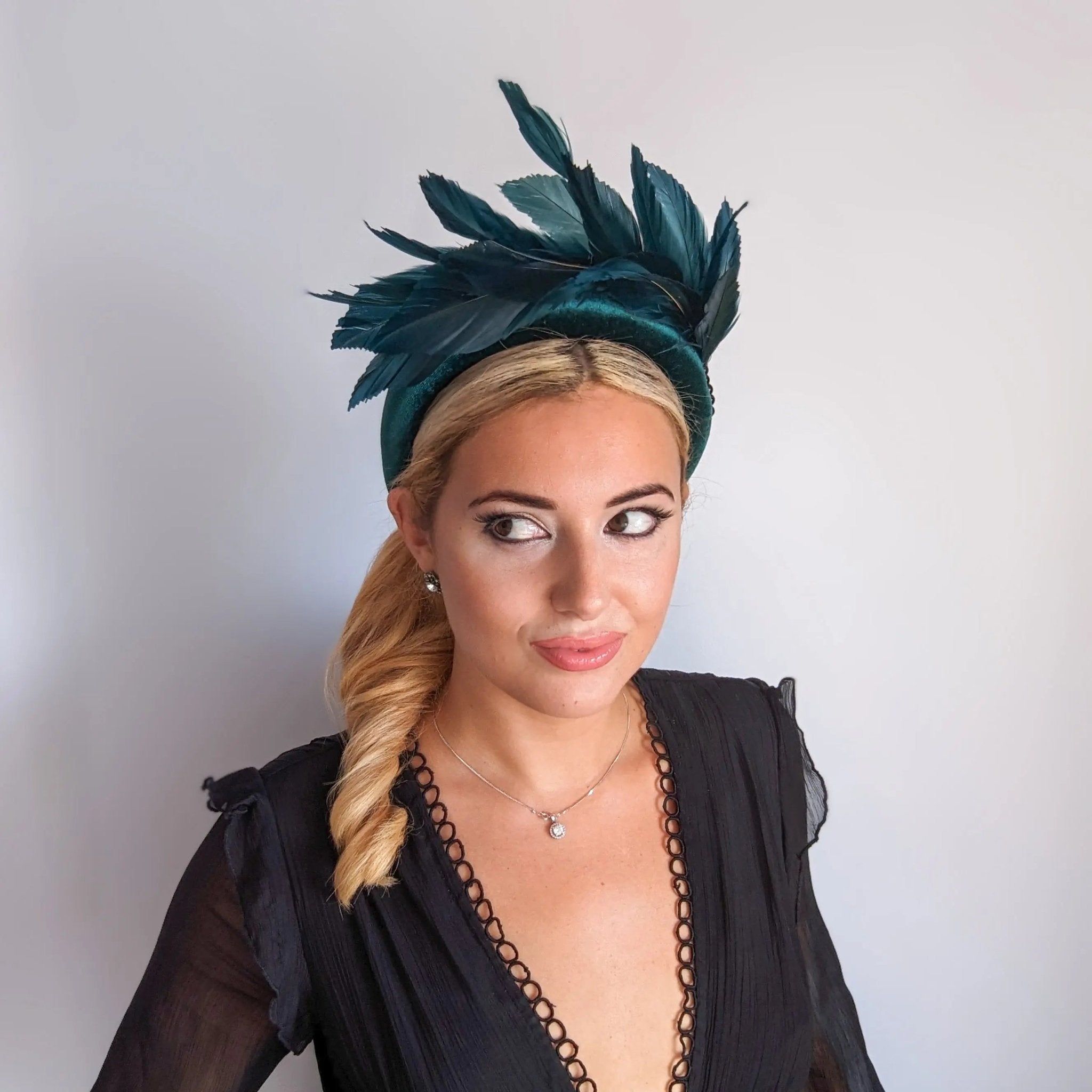 Dark emerald green feather padded velvet headband fascinator - House of Hats