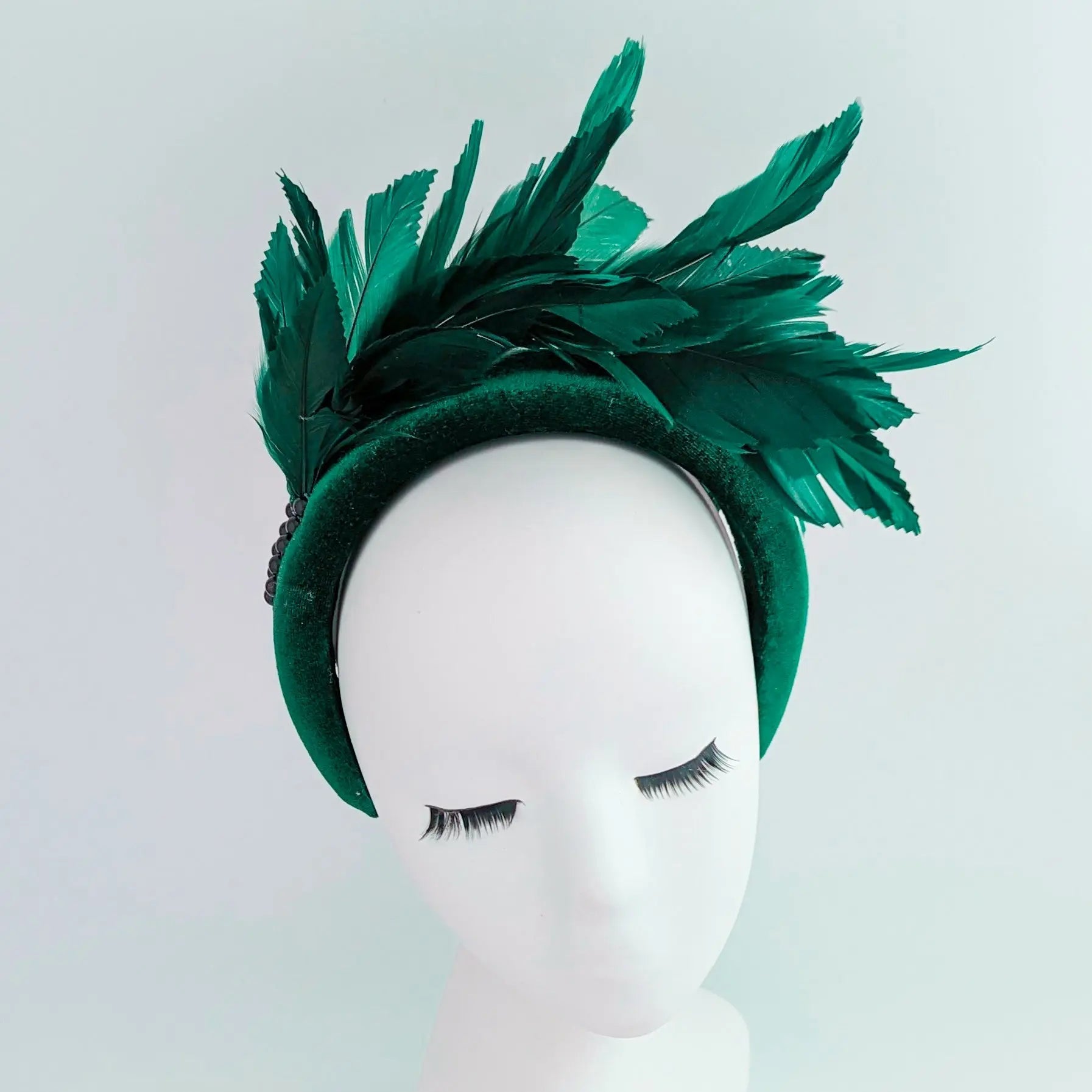 Dark emerald green feather padded velvet headband fascinator - House of Hats