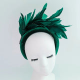 Dark emerald green feather padded velvet headband fascinator - House of Hats