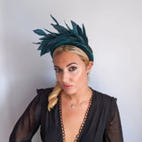 Dark emerald green feather padded velvet headband fascinator - House of Hats