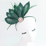 Dark emerald green feather petal fan fascinator hat - House of Hats