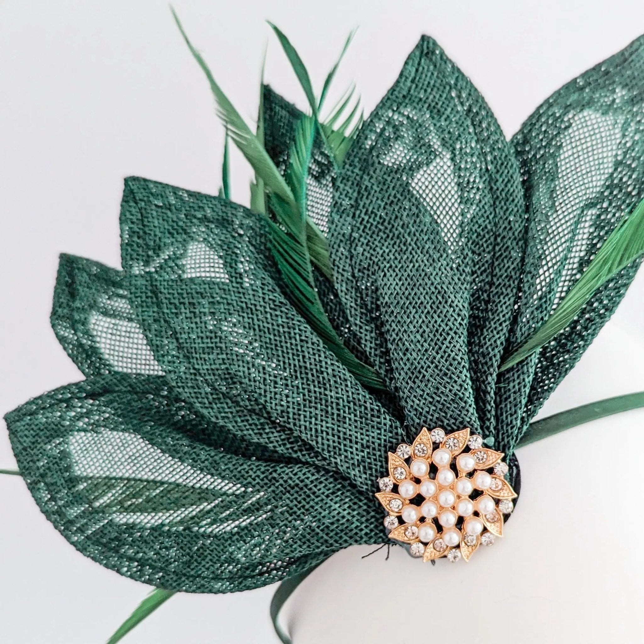 Dark emerald green feather petal fan fascinator hat - House of Hats