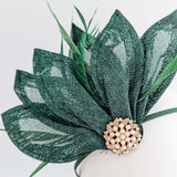 Dark emerald green feather petal fan fascinator hat - House of Hats