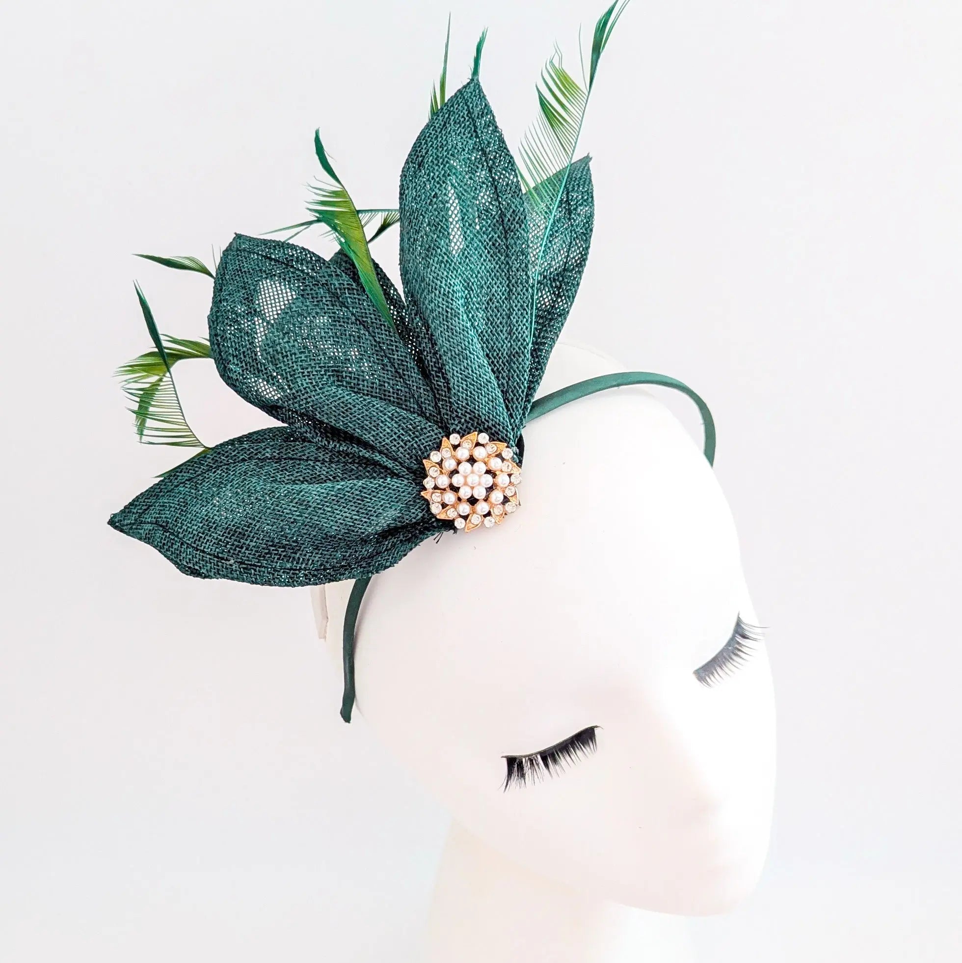 Dark emerald green feather petal fan fascinator hat - House of Hats