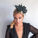 Dark emerald green feather petal fan fascinator hat - House of Hats