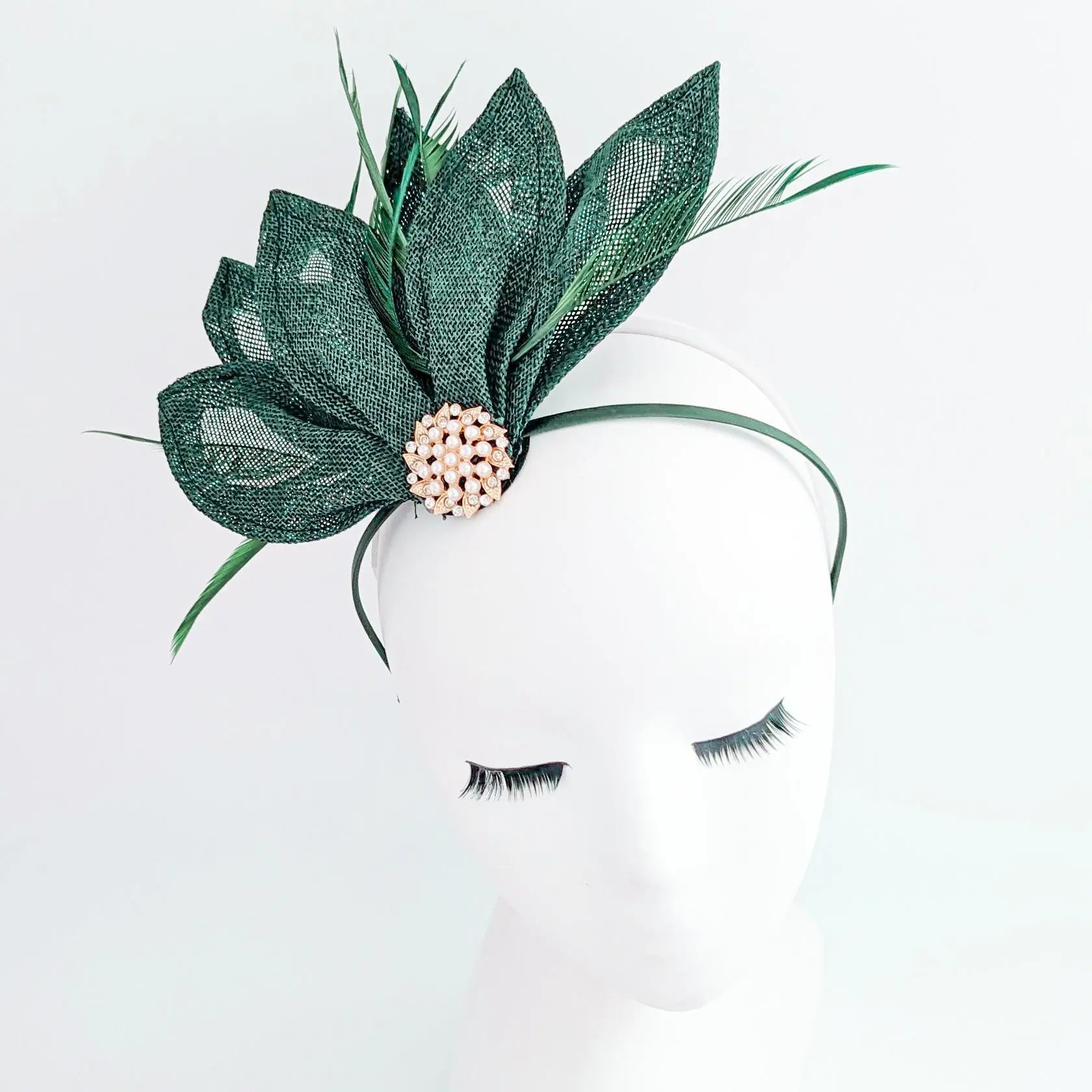 Dark emerald green feather petal fan fascinator hat - House of Hats