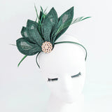 Dark emerald green feather petal fan fascinator hat - House of Hats