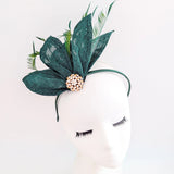 Dark emerald green feather petal fan fascinator hat - House of Hats