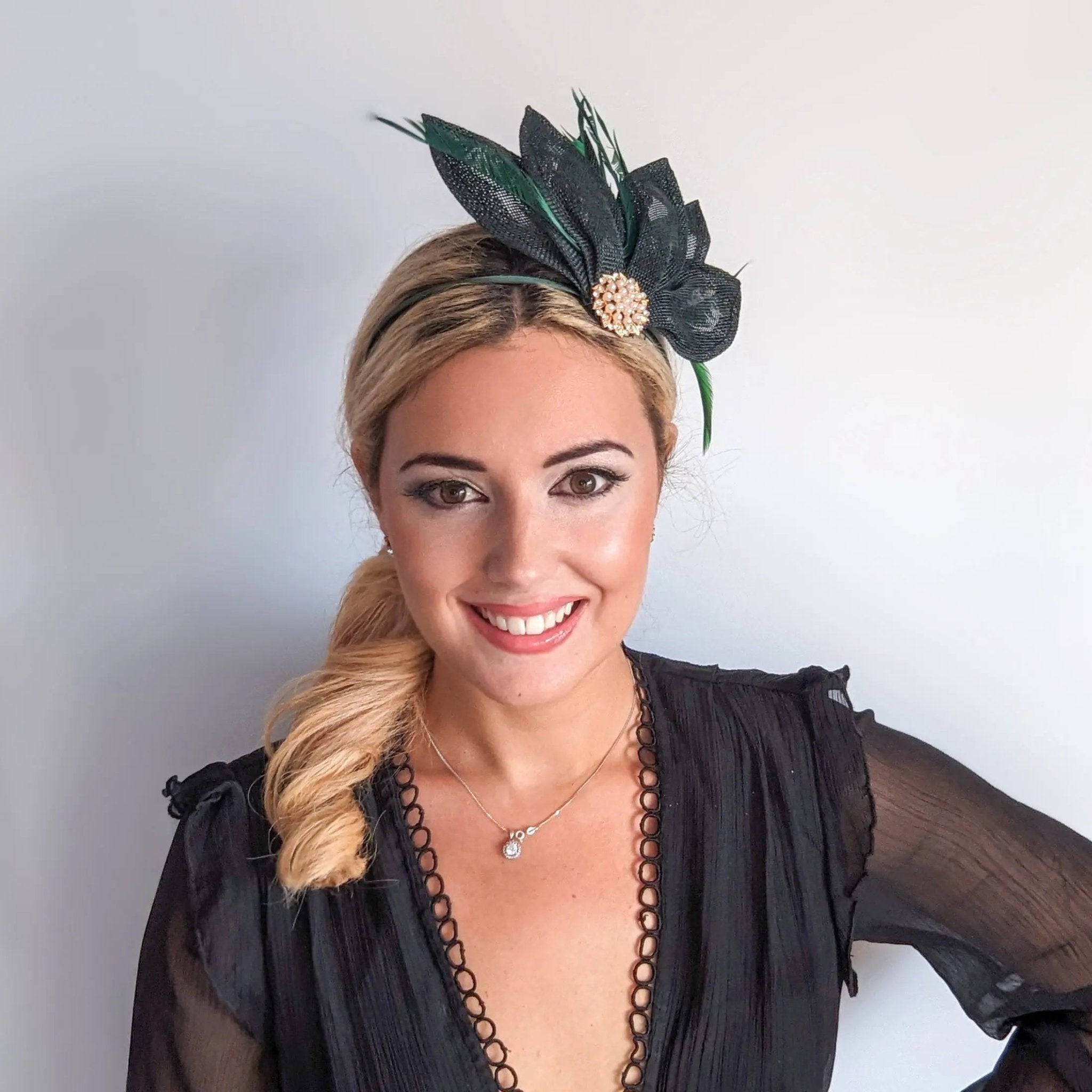 Dark emerald green feather petal fan fascinator hat - House of Hats