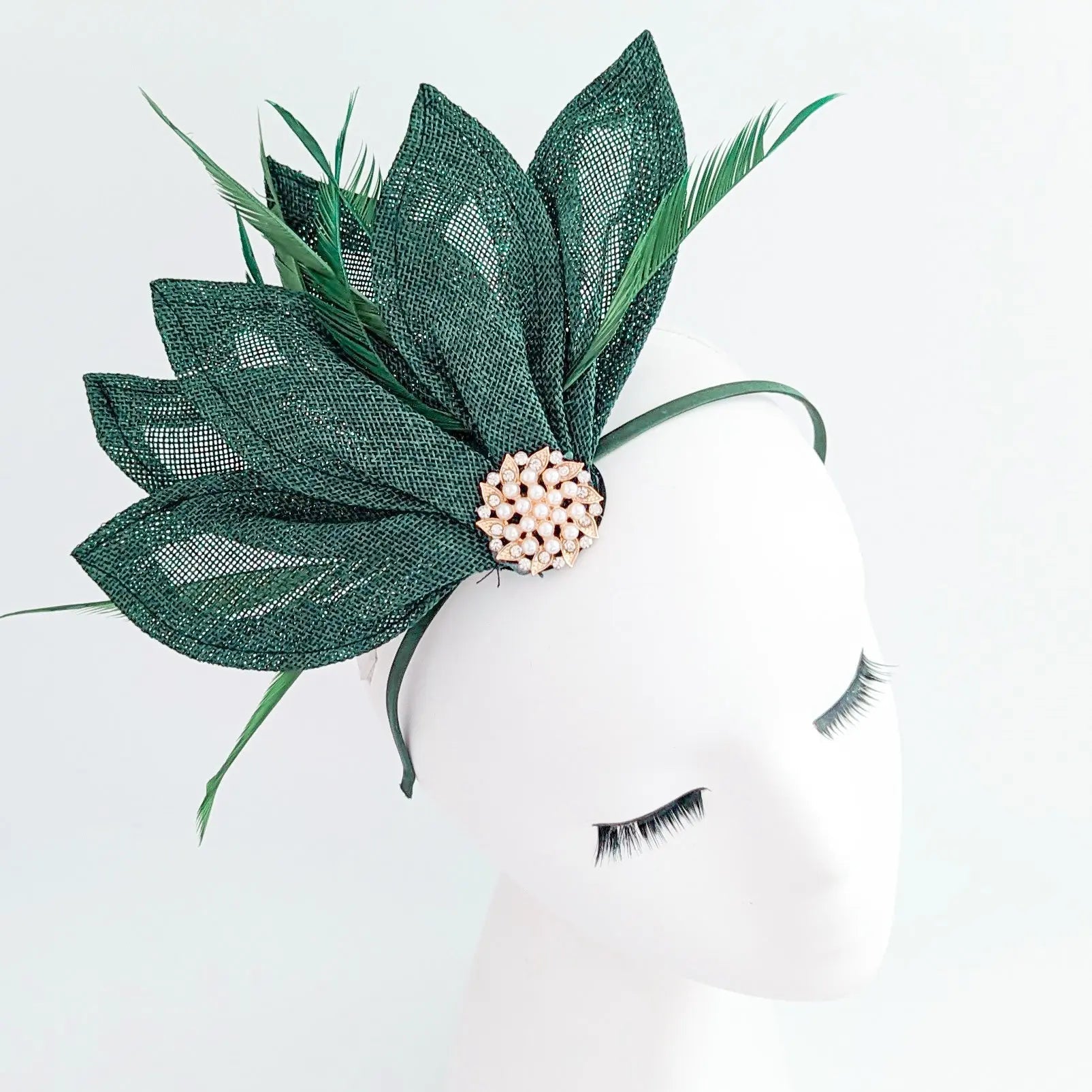 Dark emerald green feather petal fan fascinator hat - House of Hats