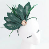 Dark emerald green feather petal fan fascinator hat - House of Hats