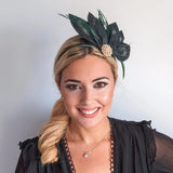 Dark emerald green feather petal fan fascinator hat - House of Hats