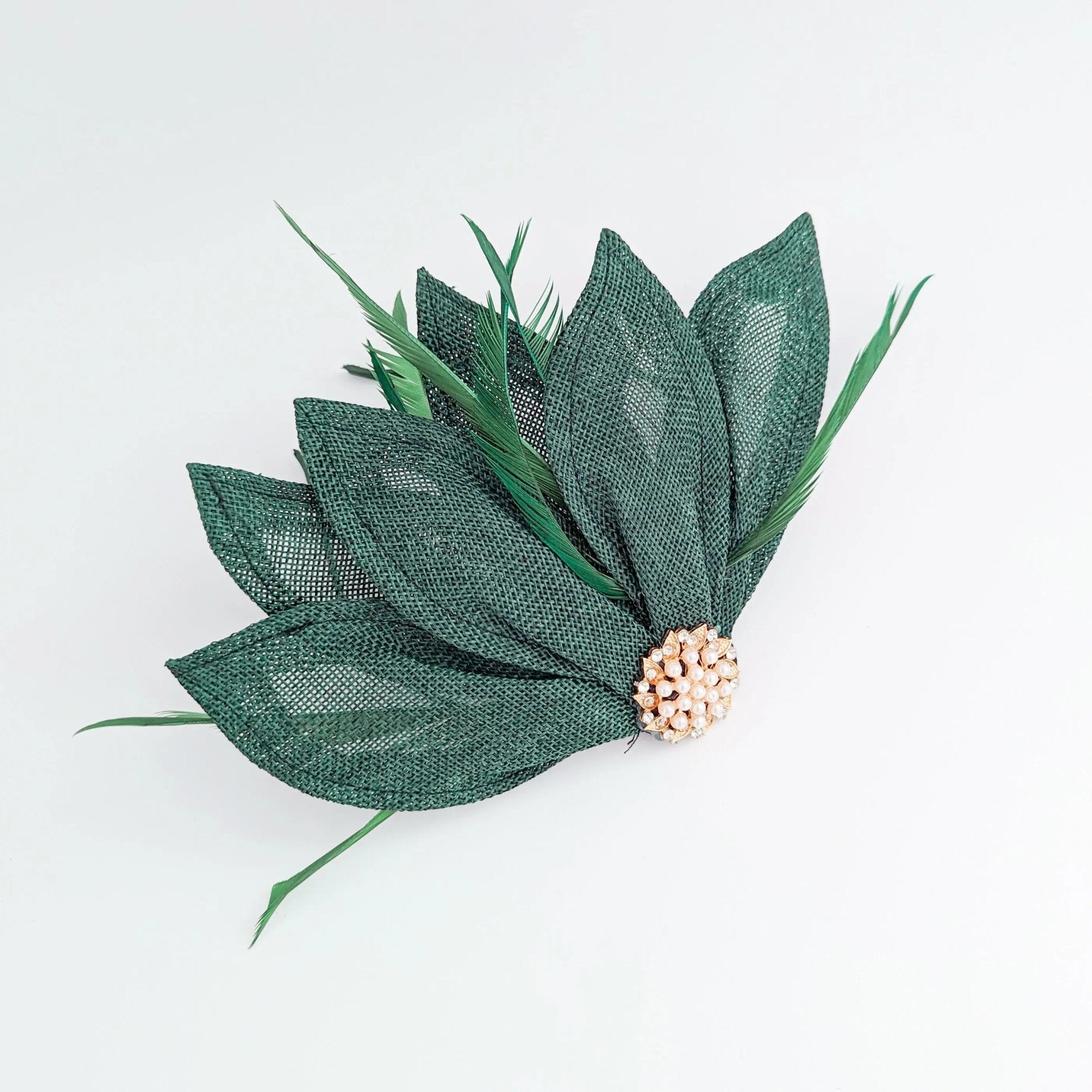 Dark emerald green feather petal fan fascinator hat - House of Hats