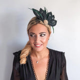Dark emerald green feather petal fan fascinator hat - House of Hats