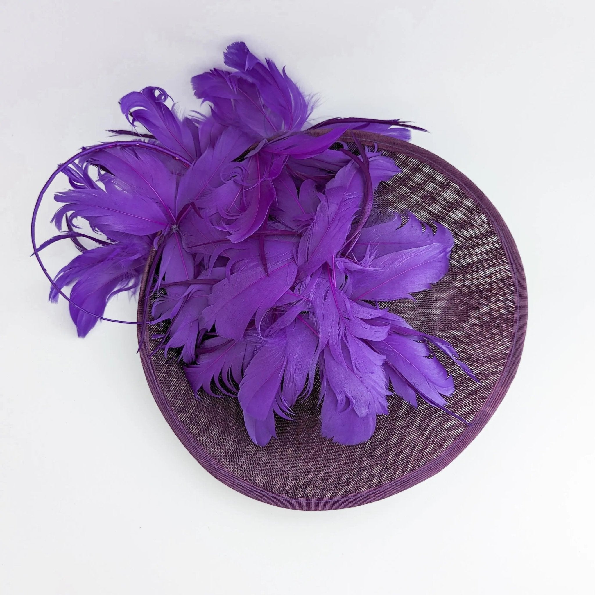 Dark plum cadbury purple large feather saucer disc fascinator hat - House of Hats