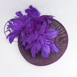 Dark plum cadbury purple large feather saucer disc fascinator hat - House of Hats