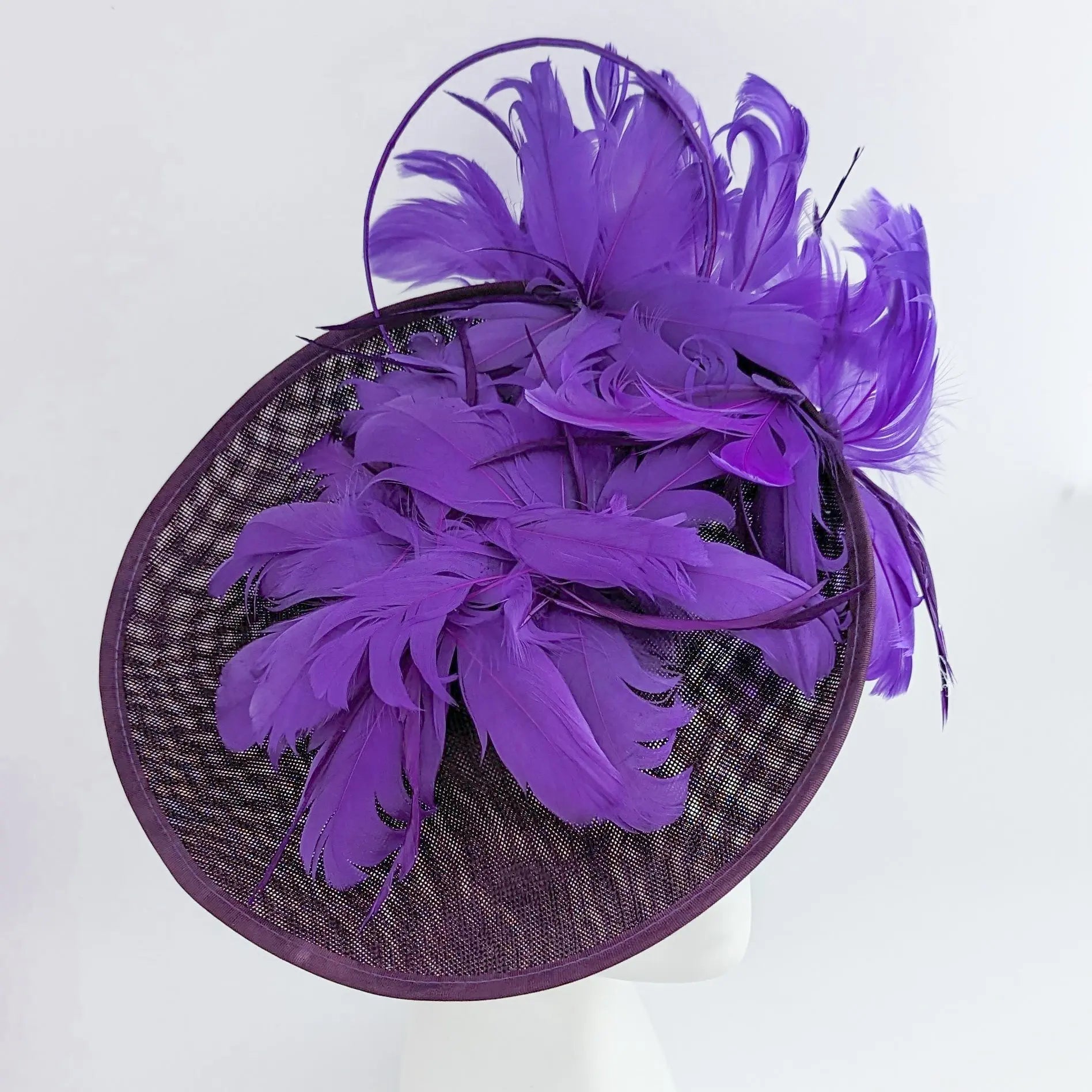 Dark plum cadbury purple large feather saucer disc fascinator hat - House of Hats