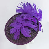 Dark plum cadbury purple large feather saucer disc fascinator hat - House of Hats
