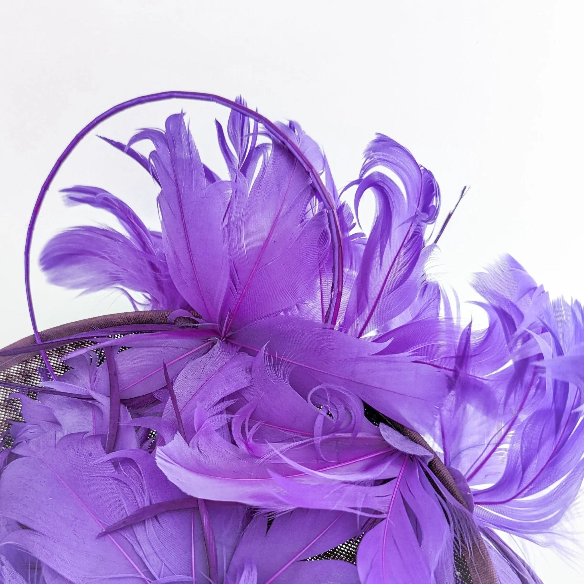 Dark plum cadbury purple large feather saucer disc fascinator hat - House of Hats