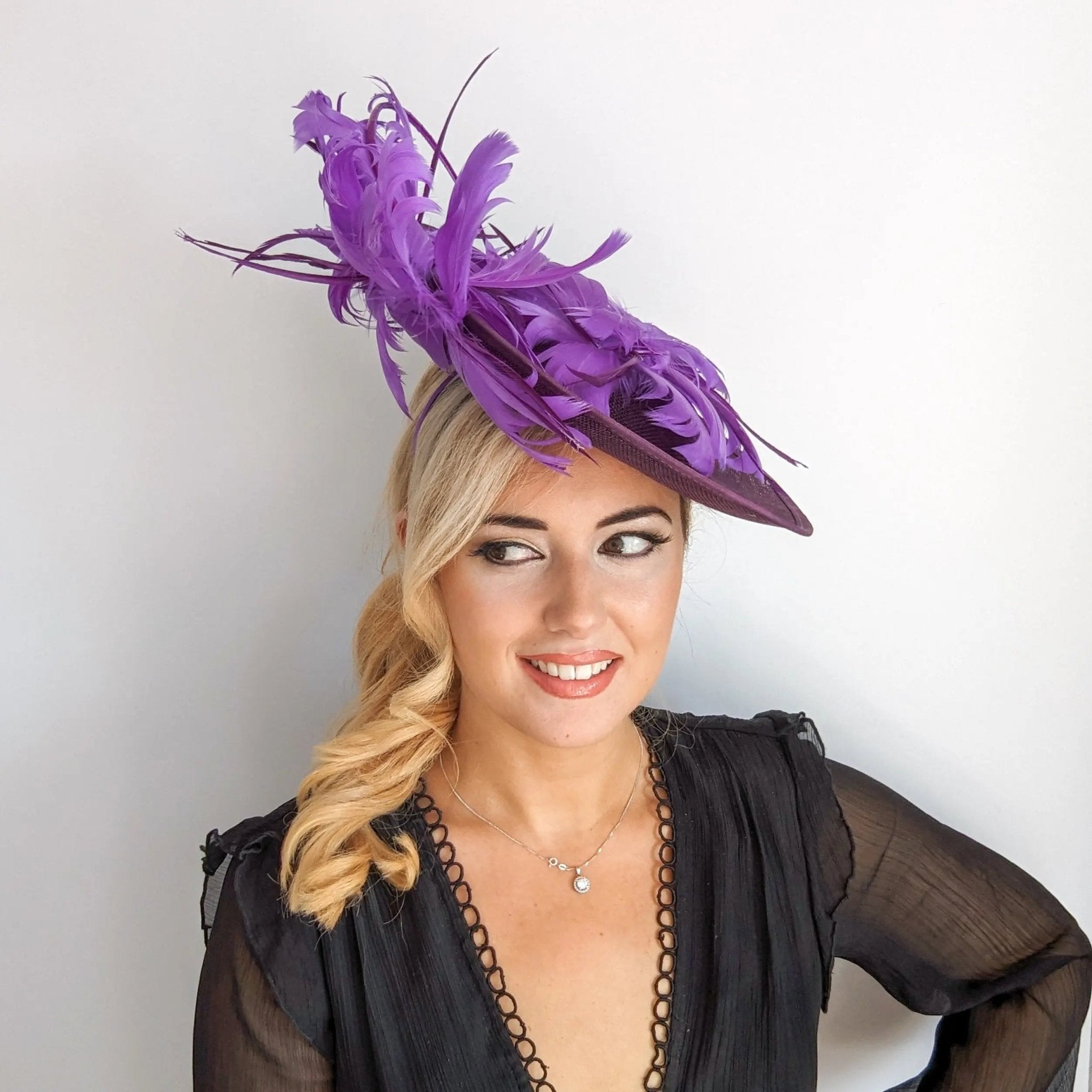 Dark plum cadbury purple large feather saucer disc fascinator hat - House of Hats