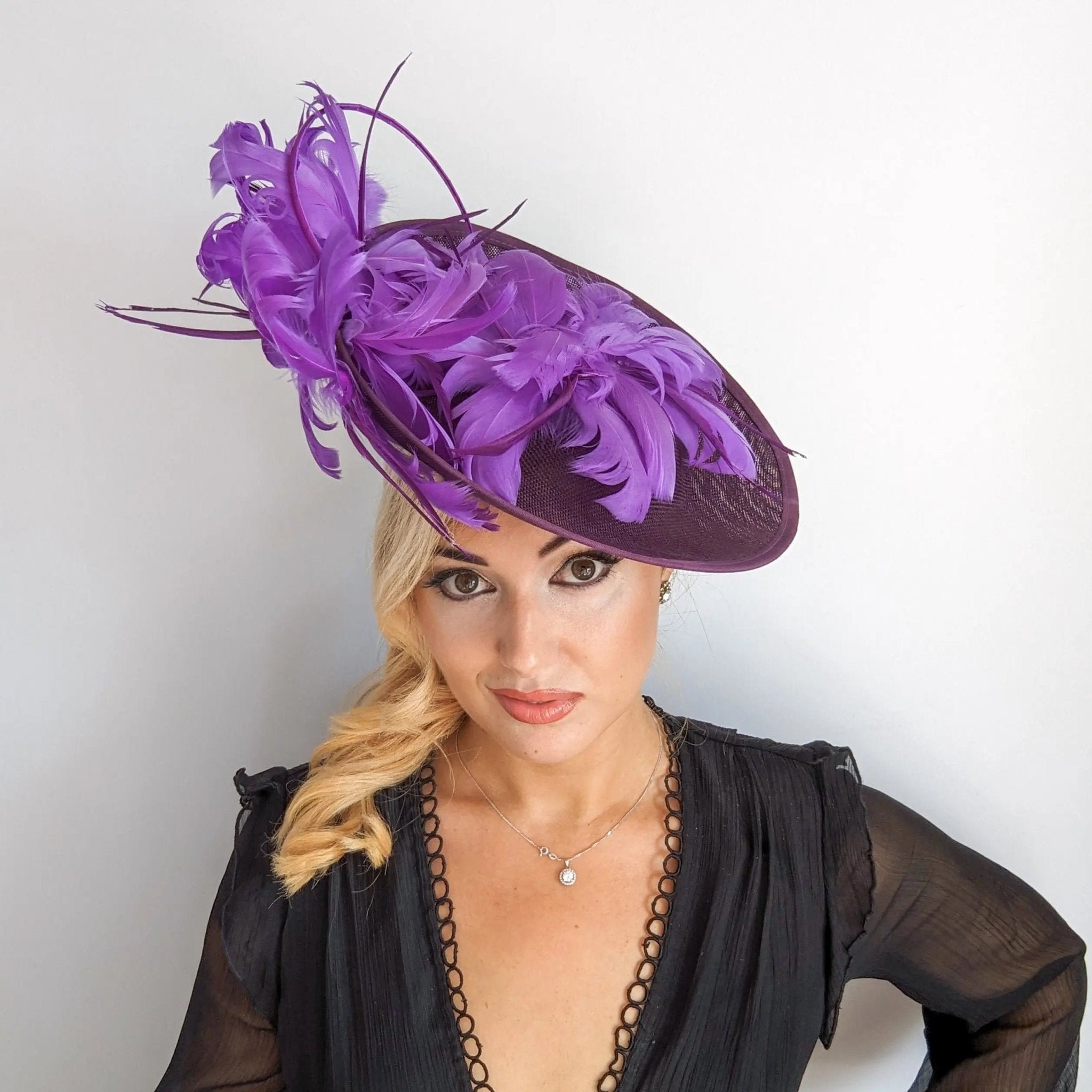 Dark plum cadbury purple large feather saucer disc fascinator hat - House of Hats