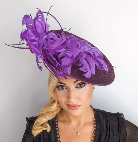 Dark plum cadbury purple large feather saucer disc fascinator hat - House of Hats