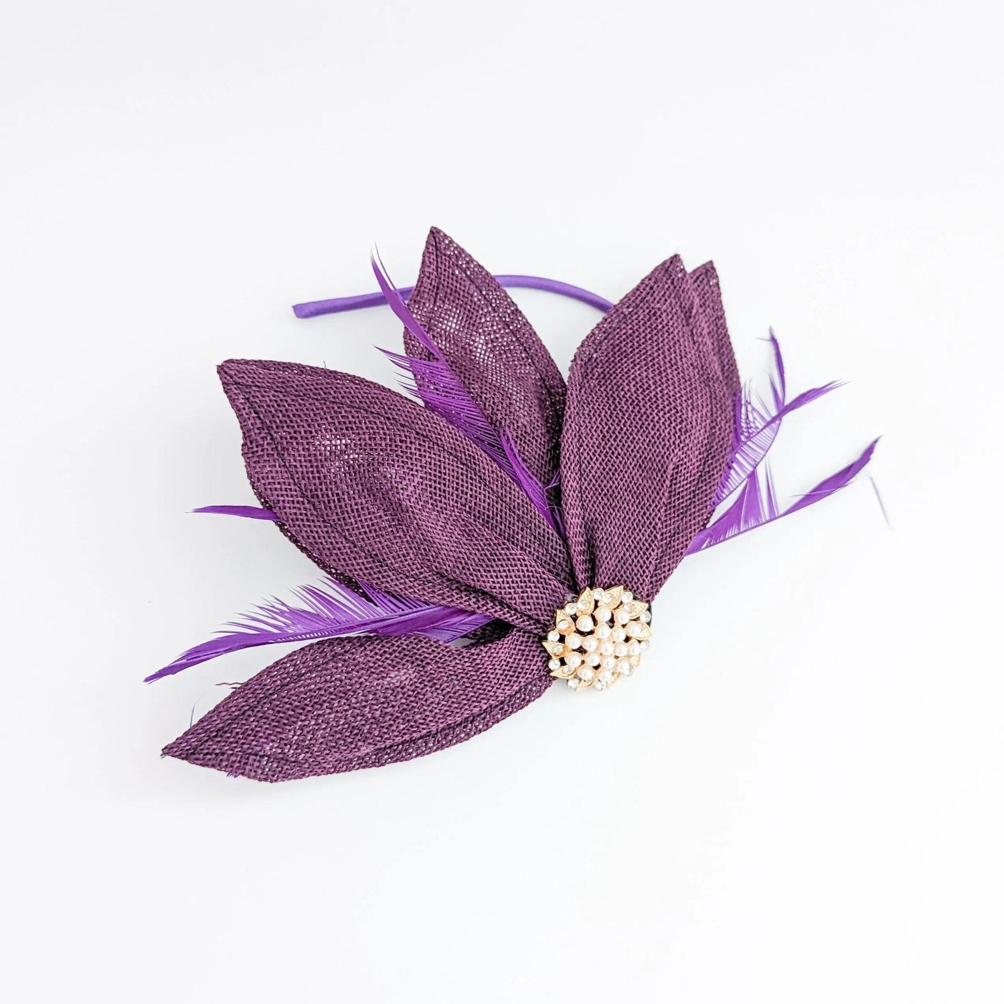 Dark plum purple feather petal fan fascinator hat - House of Hats