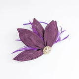 Dark plum purple feather petal fan fascinator hat - House of Hats