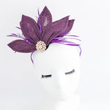 Dark plum purple feather petal fan fascinator hat - House of Hats