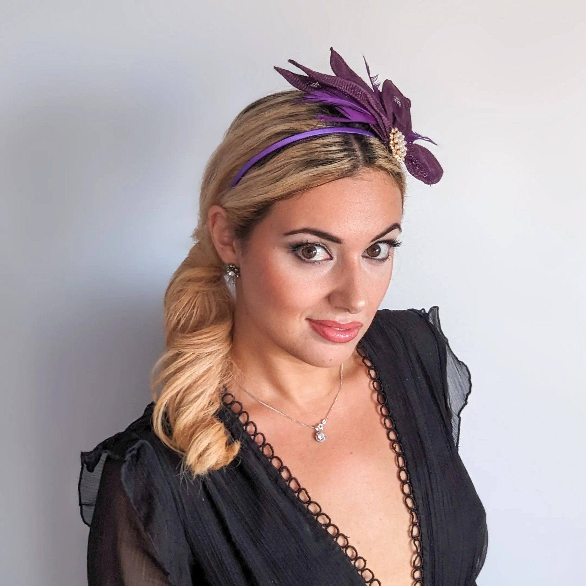 Dark plum purple feather petal fan fascinator hat - House of Hats