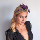 Dark plum purple feather petal fan fascinator hat - House of Hats