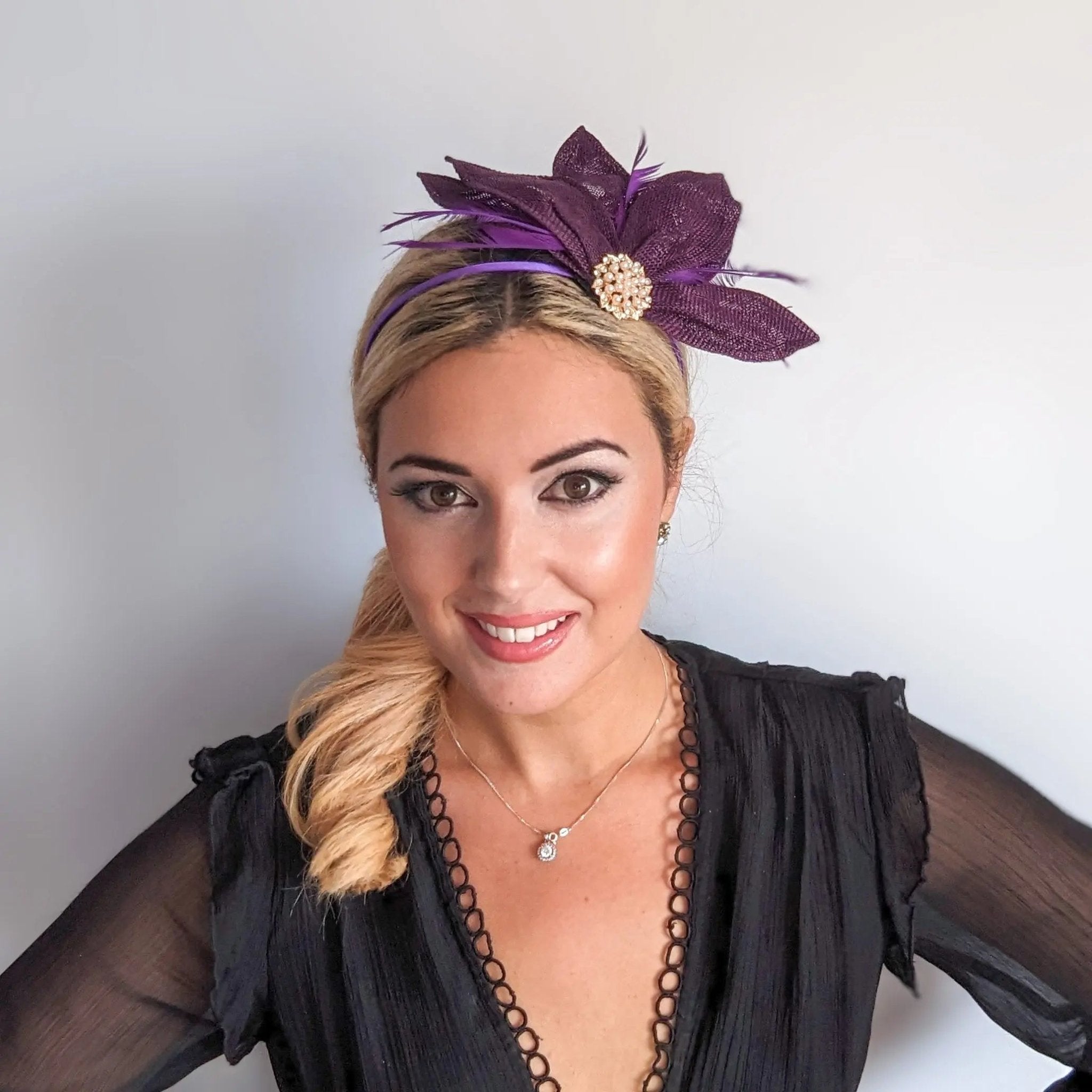 Dark plum purple feather petal fan fascinator hat - House of Hats