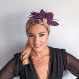 Dark plum purple feather petal fan fascinator hat - House of Hats