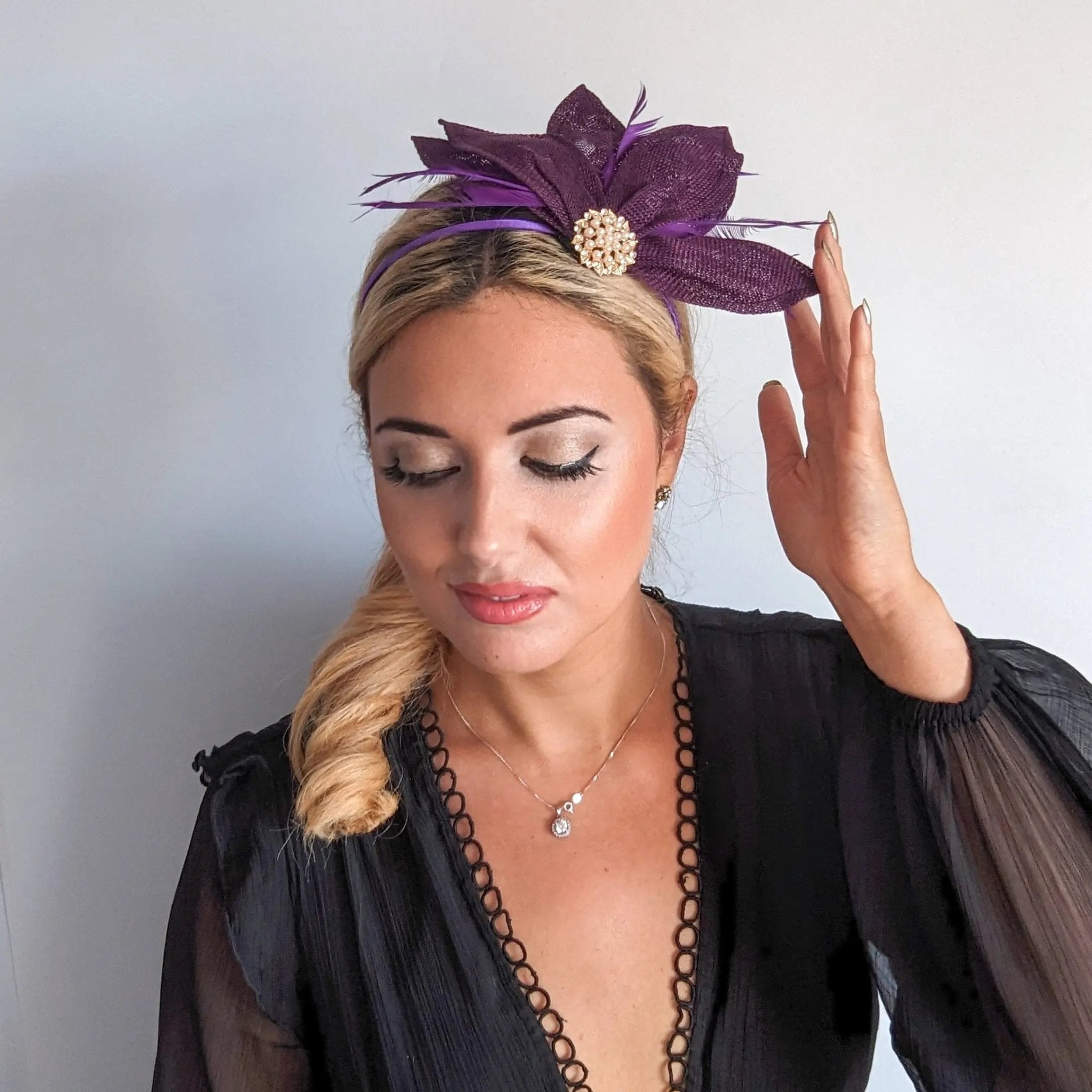 Dark plum purple feather petal fan fascinator hat - House of Hats