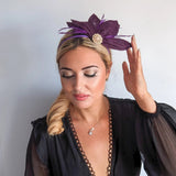 Dark plum purple feather petal fan fascinator hat - House of Hats