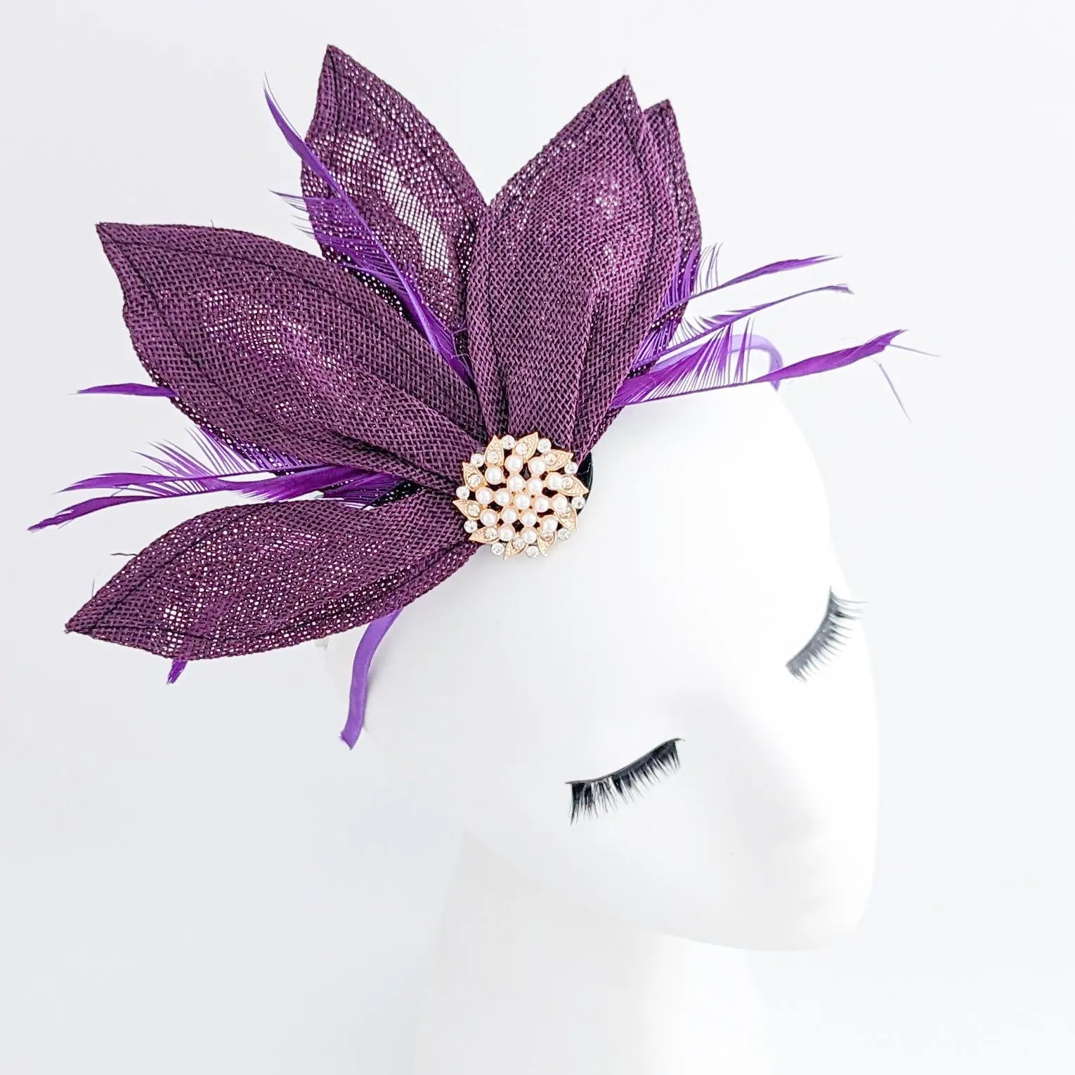 Dark plum purple feather petal fan fascinator hat - House of Hats