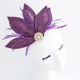 Dark plum purple feather petal fan fascinator hat - House of Hats