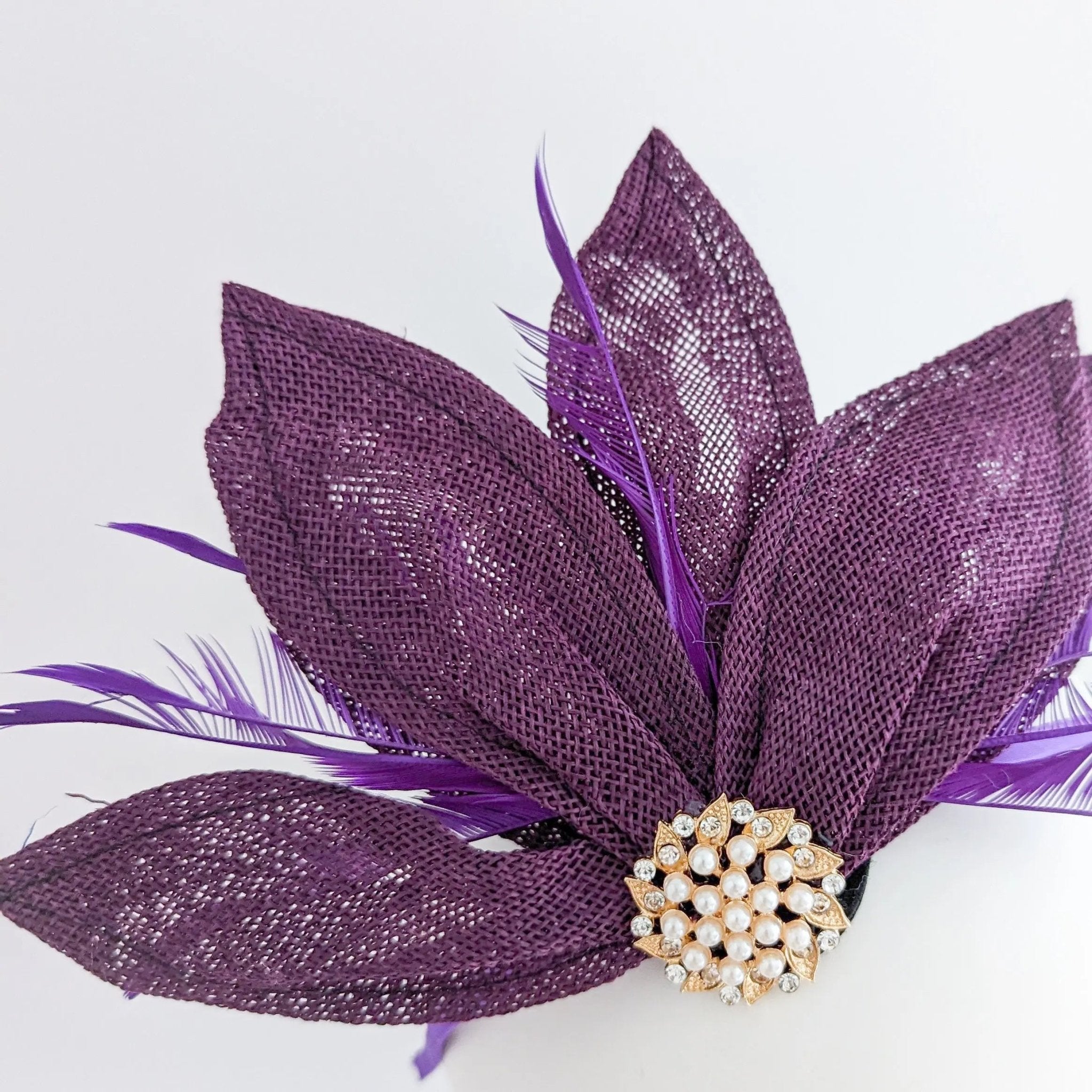Dark plum purple feather petal fan fascinator hat - House of Hats