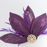Dark plum purple feather petal fan fascinator hat - House of Hats