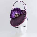 Dark plum purple flower disc saucer fascinator hat - House of Hats